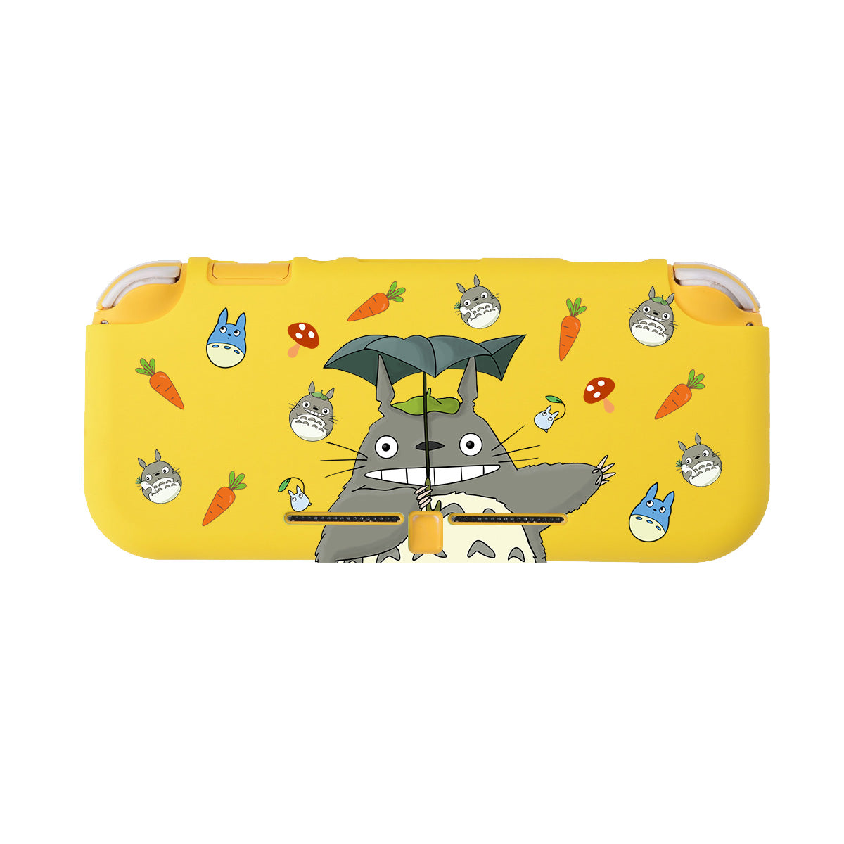 The Totoro LITE Case for Nintendo Switch by petimint is a vibrant and playful yellow case. It features an enchanting design of Totoro holding an umbrella, surrounded by images of smaller Totoros, carrots, mushrooms, and acorns. This whimsical case is perfect for the cozygamer who wants to celebrate the beloved character from "My Neighbor Totoro" while adding a touch of charm to their Nintendo Switch.
