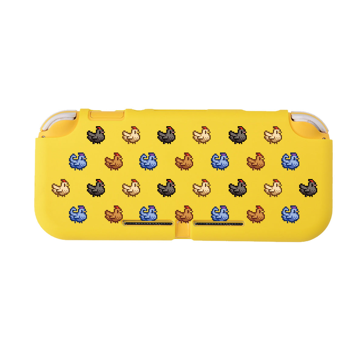 Introducing the Chicken Stardew Valley LITE Case for Nintendo Switch by petimint: A vibrant yellow case featuring a neat, repeating pattern of pixelated cats in shades of blue, brown, and black. Made from soft TPU, this design offers both gaming comfort and a stylish switch grip.