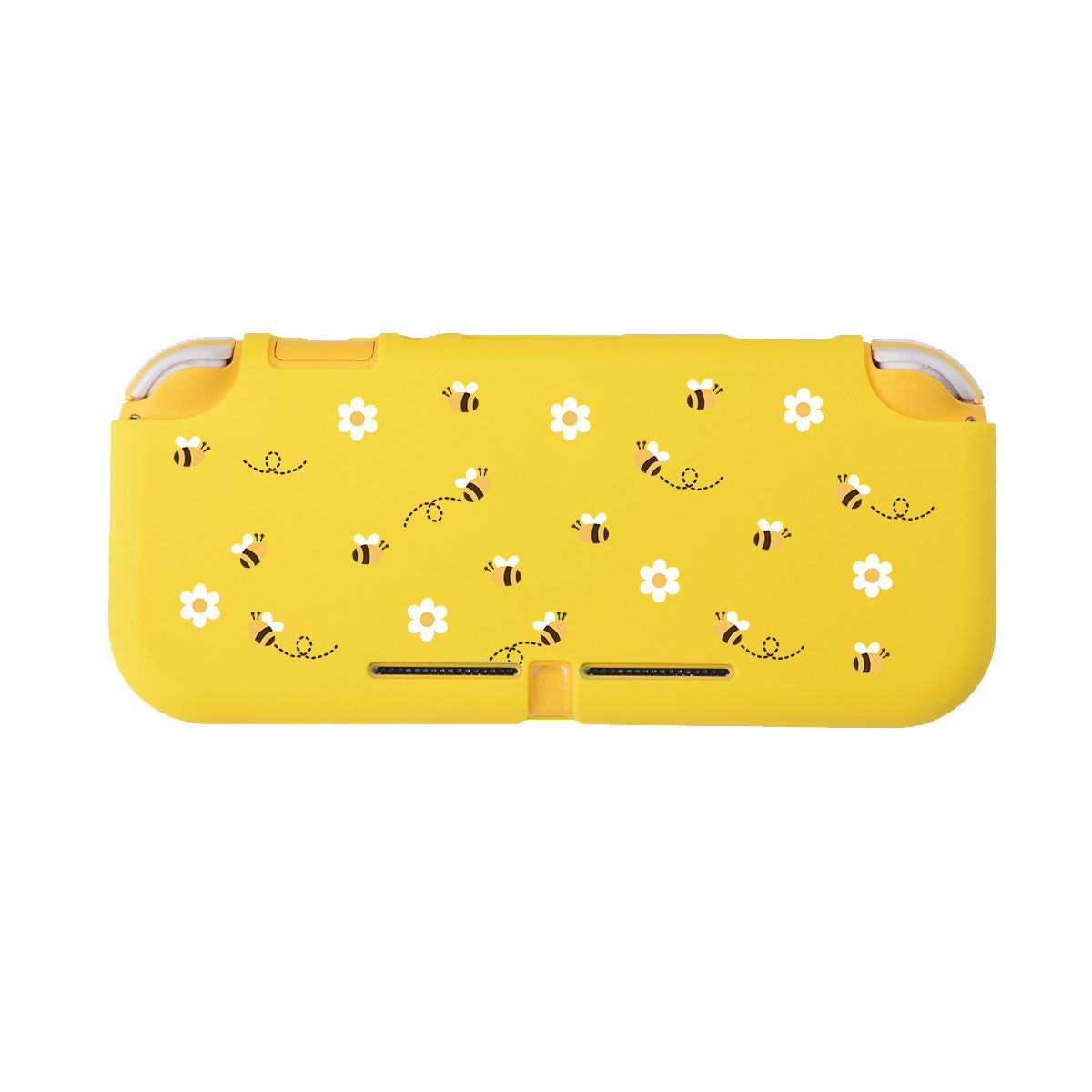 Introducing the Little Bee LITE Case for Nintendo Switch by petimint, a charming yellow accessory adorned with a delightful pattern of small bees and white flowers. Crafted from soft TPU, it ensures comfortable handling with its rounded corners, making it an ideal protector for your electronic device.