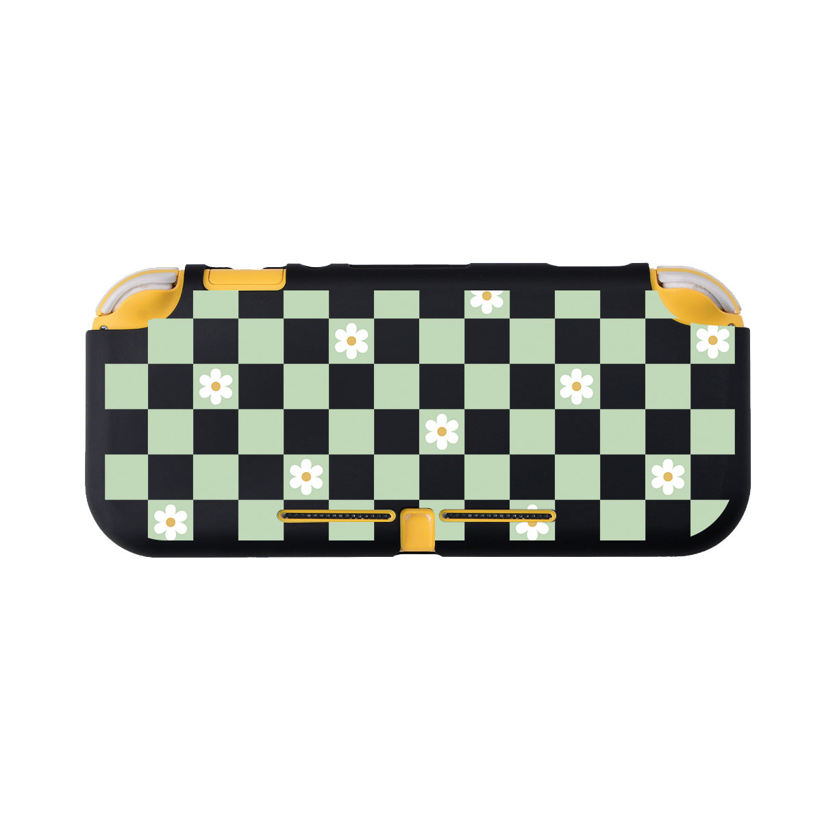 A cozygamer's delight, this Checkered Flowers LITE Case for Nintendo Switch by petimint features a checkerboard pattern of alternating black and light green squares, adorned with delicate white daisies. The sides and sockets are highlighted in vibrant yellow.