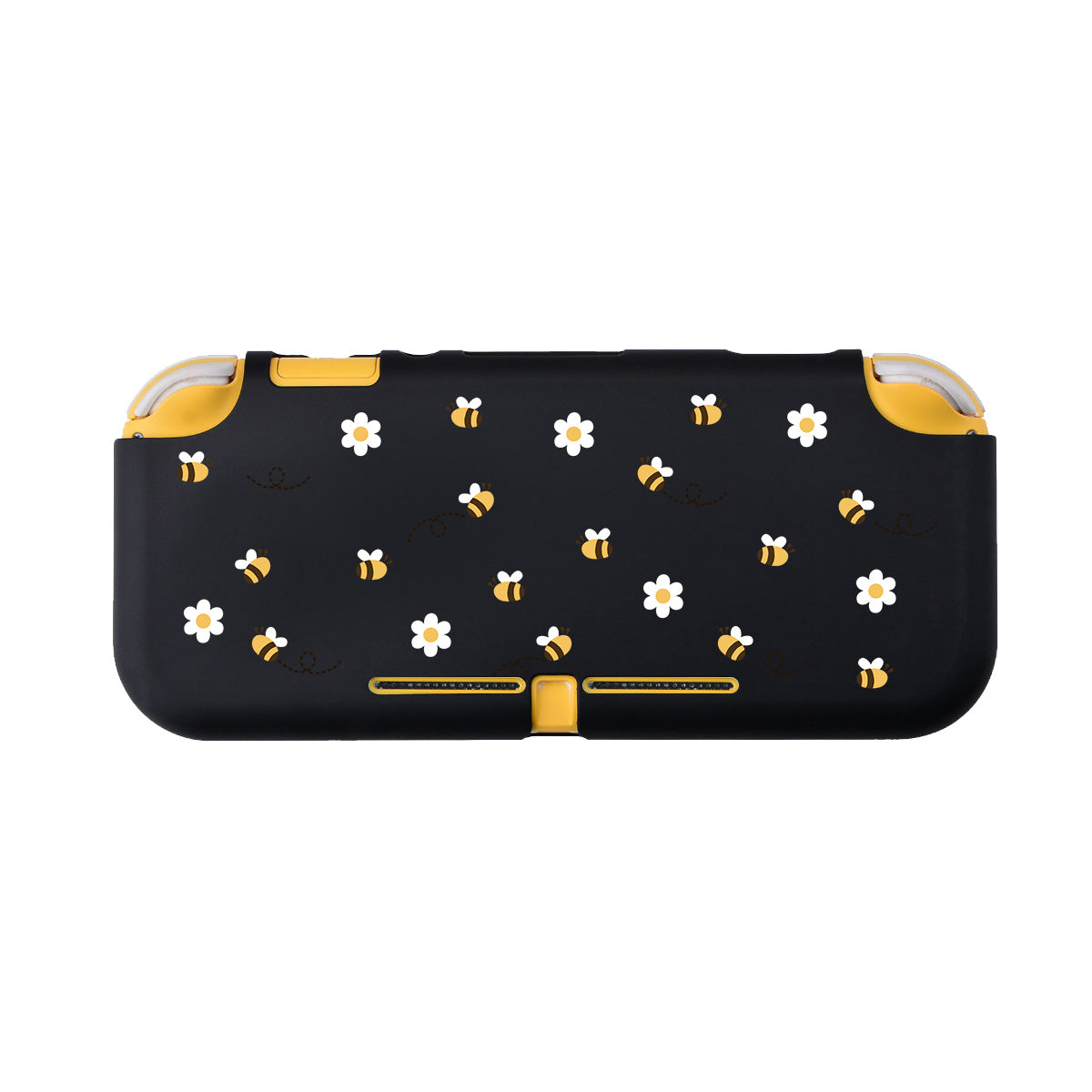Introducing the Little Bee LITE Case for Nintendo Switch by petimint: a stylish black switch grip case featuring a delightful pattern of white flowers and yellow bees. Made from soft TPU, it enhances comfort during gaming, while vibrant yellow accents add an eye-catching, whimsical touch.