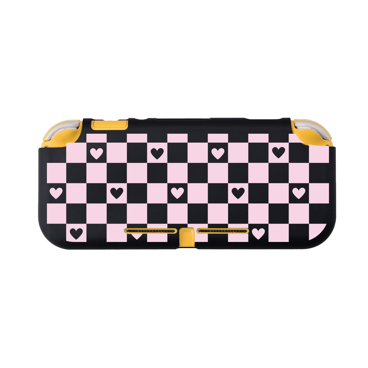 Introducing the Checkered Love LITE Case for Nintendo Switch by petimint: A gaming console case featuring a checkered pattern of alternating black and pink squares, with some squares displaying small black hearts at their center. Perfect for the cozygamer, this stylish case is topped with vibrant yellow accents along its edges.