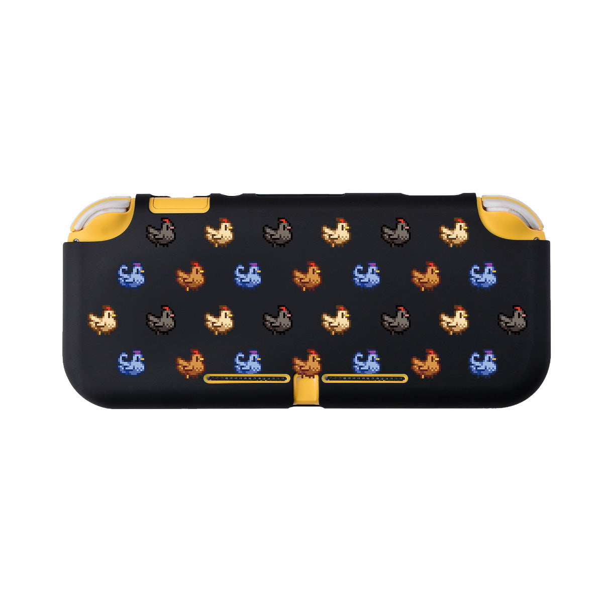 Introducing the Chicken Stardew Valley LITE Case for Nintendo Switch by petimint—a black grip case designed for handheld gaming devices. It is decorated with pixel-art chickens in a rainbow of colors and blue symbols, featuring yellow edge accents. Made from Soft TPU, it offers ultimate comfort while gaming.