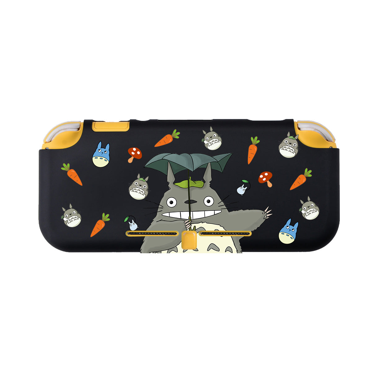 The Totoro LITE Case for Nintendo Switch by petimint features a black design with yellow accents, adorned with various cartoon characters and illustrations. Among these are a large gray creature holding a leaf umbrella, small blue and gray creatures, as well as carrots and radishes. This case adds whimsical charm to your gaming experience while perfectly fitting your Nintendo Switch.