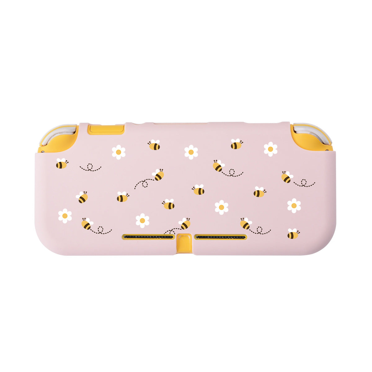 Introducing the petimint Little Bee LITE Case for Nintendo Switch: a charming pink grip case adorned with small bees and white flowers, featuring yellow edges that complement the bee accents. Crafted from soft TPU, this case not only offers excellent protection but also balances style and comfort while showcasing its delightful pattern on the back.