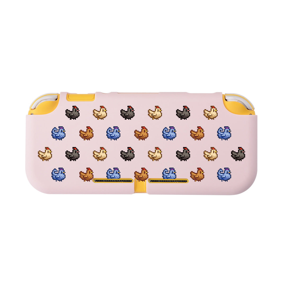 The Chicken Stardew Valley LITE Case for Nintendo Switch by petimint is crafted for gaming comfort, showcasing a pink background with pixelated chickens in black, brown, yellow, and blue. Its edges are made from Soft TPU in yellow to enhance handling ease during play.