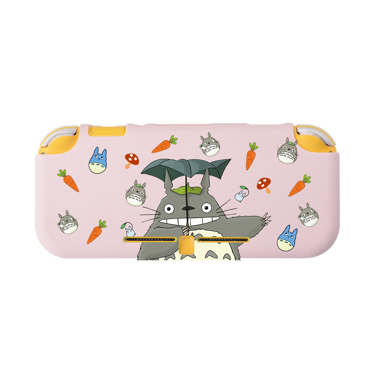 The Totoro LITE Case for Nintendo Switch by petimint features a large illustration of a friendly, gray and white Totoro with large eyes and pointy ears, holding onto an orange string. Smaller images of similar Totoros, carrots, and mushrooms are scattered around the pink case—perfect for any cozygamer's wardrobe or collection.
