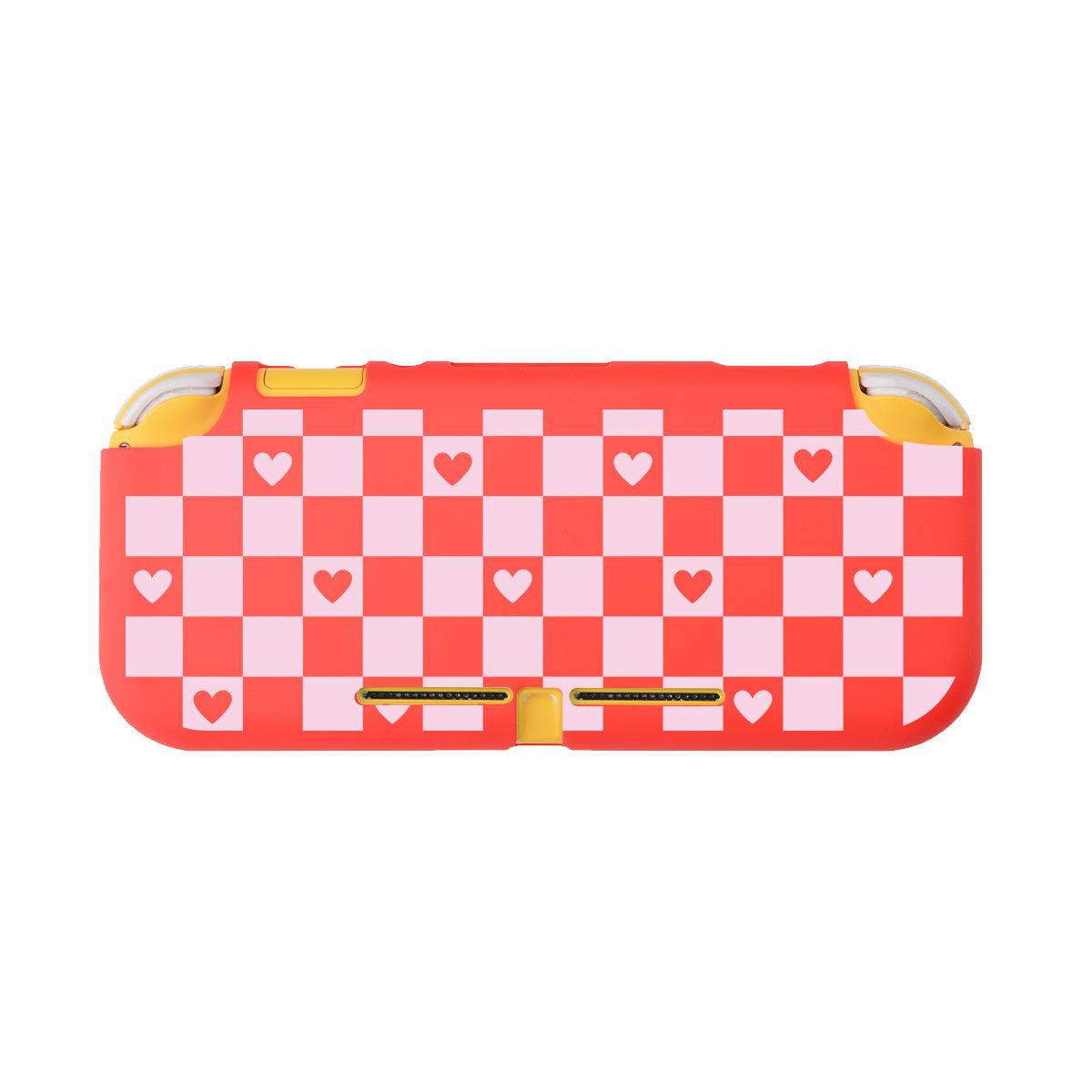 Introducing the Checkered Love LITE Case for Nintendo Switch by petimint – a sleek, rectangular case featuring a charming red and pink checkered pattern with delicate hearts scattered throughout. Tailored for the cozy gamer, this red Nintendo Switch case offers precise openings for buttons and connectors, along with two yellow tabs on each side to ensure your gaming device stays securely in place.