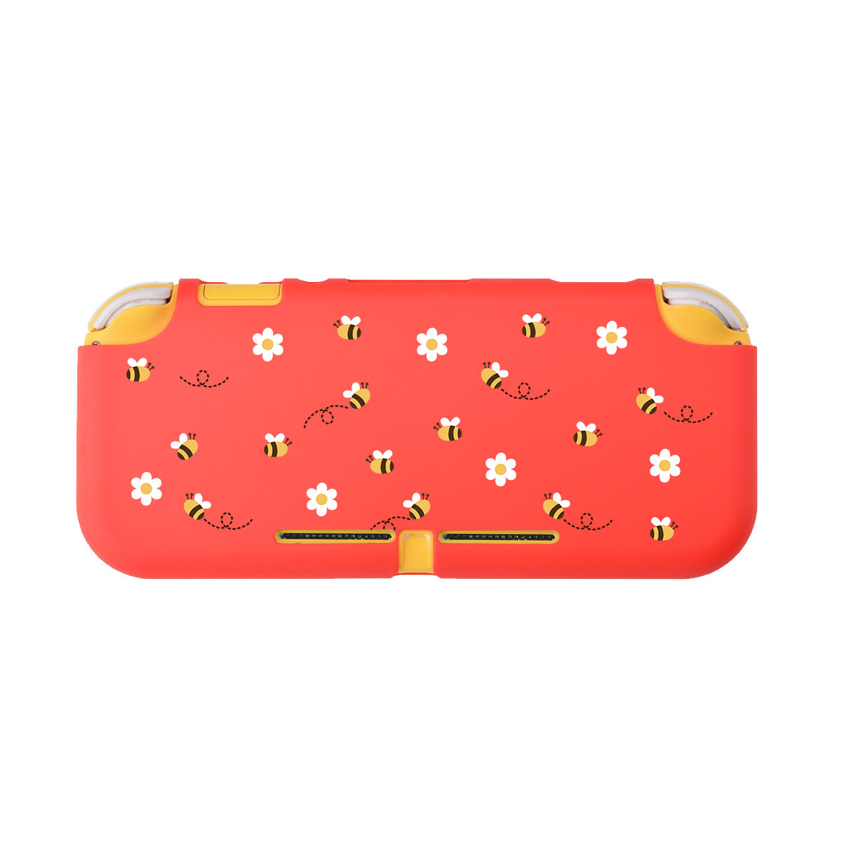 The Little Bee LITE Case for Nintendo Switch by petimint is a comfortable red protective case crafted from soft TPU, featuring a delightful design of small bee and white flower patterns. The case is accented with yellow edges, making it the perfect choice for gamers who want both style and protection in their switch grip case.