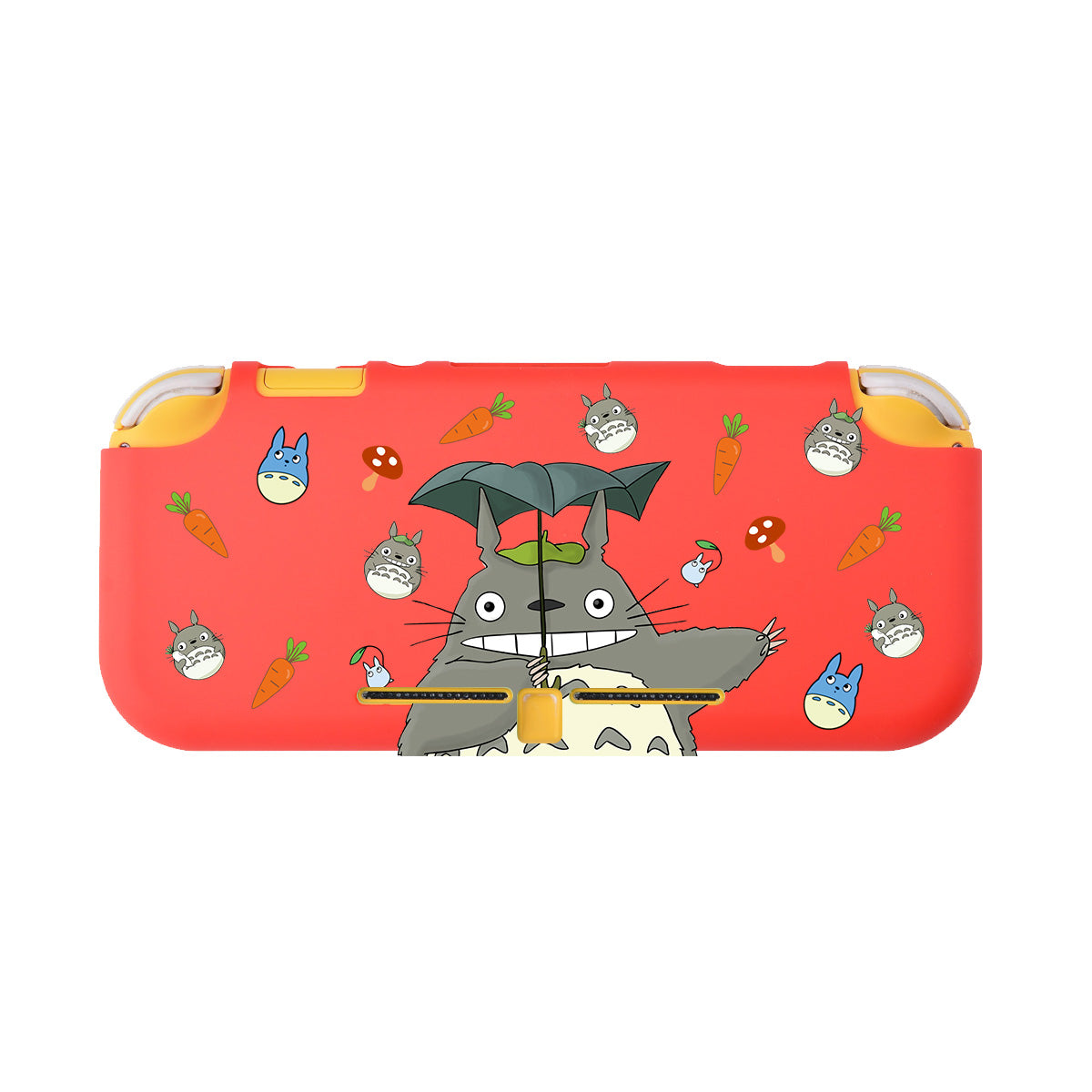 Introducing the Totoro LITE Case for Nintendo Switch by petimint: a vibrant red protective case perfect for the cozygamer. It features an illustration of a cheerful grey and white cartoon creature with a big smile and a leaf on its head. The background is playfully adorned with smaller cartoon characters, mushrooms, and carrots, complemented by stylish yellow accents.