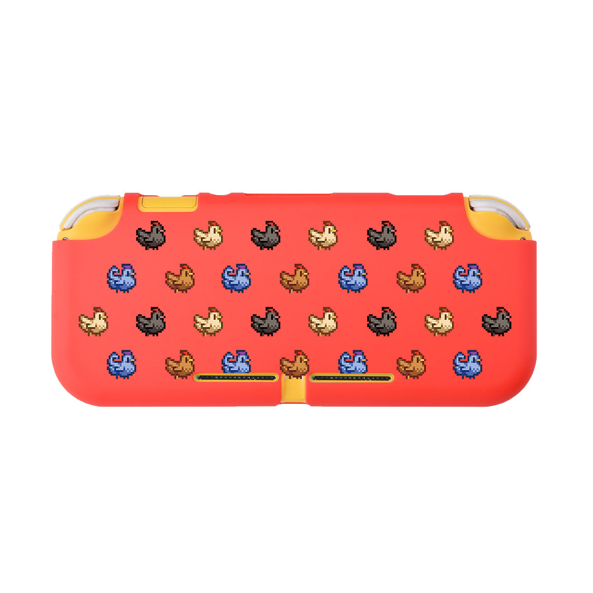 A red handheld console case designed for gaming comfort features a black, blue, brown, and yellow pixelated chicken pattern. This petimint Chicken Stardew Valley LITE Case for Nintendo Switch includes soft TPU material with yellow side accents for enhanced durability.