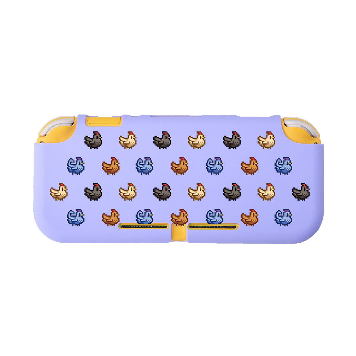 The Chicken Stardew Valley LITE Case for Nintendo Switch by petimint features a light purple backdrop adorned with a charming design of pixelated chicks in shades of blue, brown, cream, and black. Made from soft TPU to enhance gaming comfort, it also includes bright yellow inner sections near the shoulder buttons.