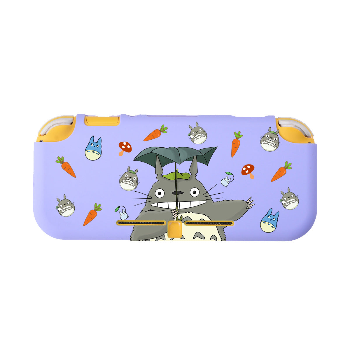 Introducing the Totoro LITE Case for Nintendo Switch by petimint—a protective case with a charming Totoro design. This cozygamer accessory features a light purple background decorated with small illustrations of Totoro, carrots, mushrooms, and other characters. Perfect for your Nintendo Switch, it prominently displays Totoro holding an umbrella.