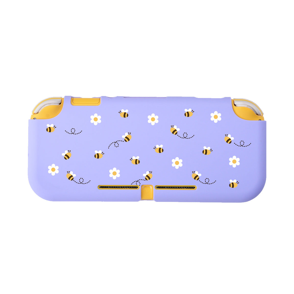 The petimint Little Bee LITE Case for Nintendo Switch is a charming purple game console case crafted from Soft TPU. It features a delightful pattern of cartoon bees with dotted trails, accompanied by white flowers, and is highlighted by yellow accents on the corners for added playfulness while ensuring gaming comfort.