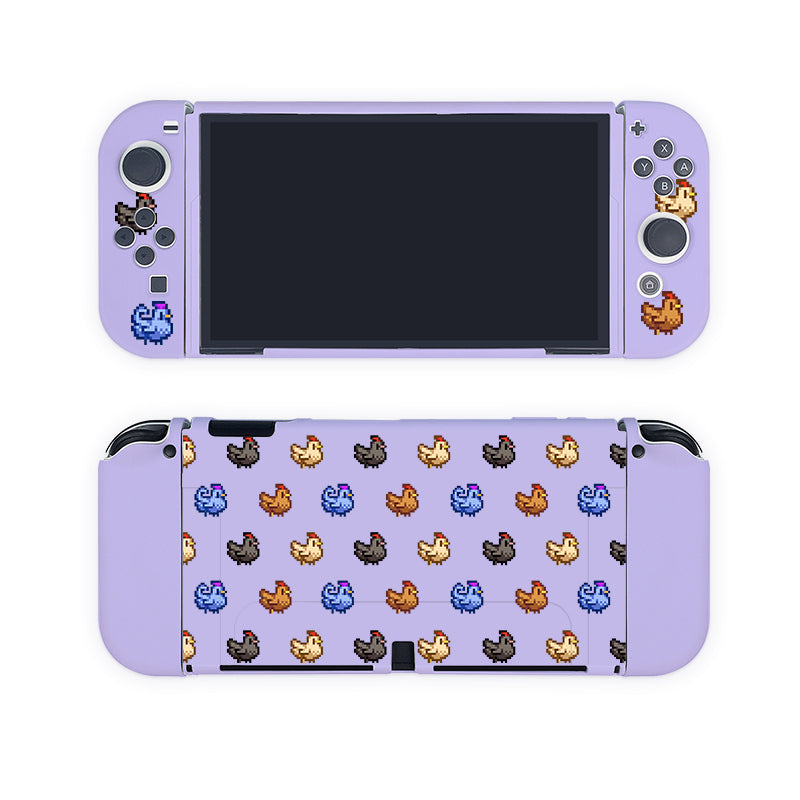 A cozygamer's dream, the Chicken Stardew Valley Case for Nintendo Switch from petimint features a light purple casing adorned with pixel art designs of colorful dinosaurs on the back. The front showcases the screen and controls, accented in matching purple with sleek black buttons.