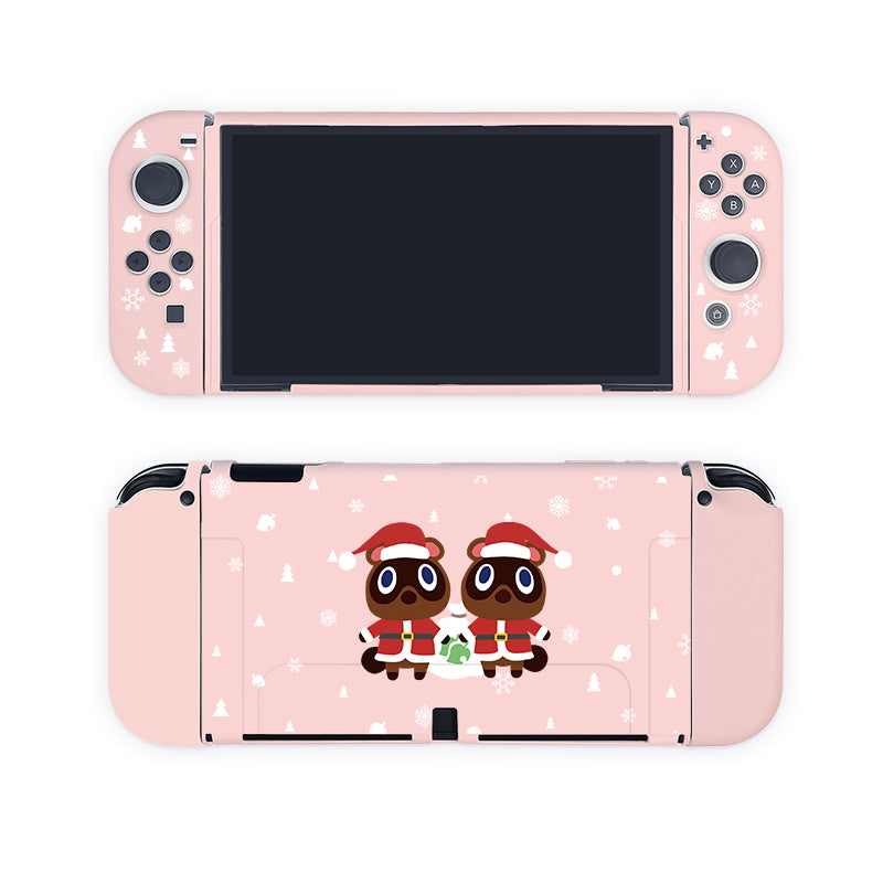 Introducing the Timmy & Tommy Christmas Case for Nintendo Switch by petimint! This pink handheld gaming device case features a cute festive design. The front boasts snowflakes and holiday-themed decor, while the back showcases two cartoon characters, Timmy and Tommy, dressed in Santa outfits holding a green gift. It's perfect for adding some holiday cheer to your Nintendo Switch gaming sessions!