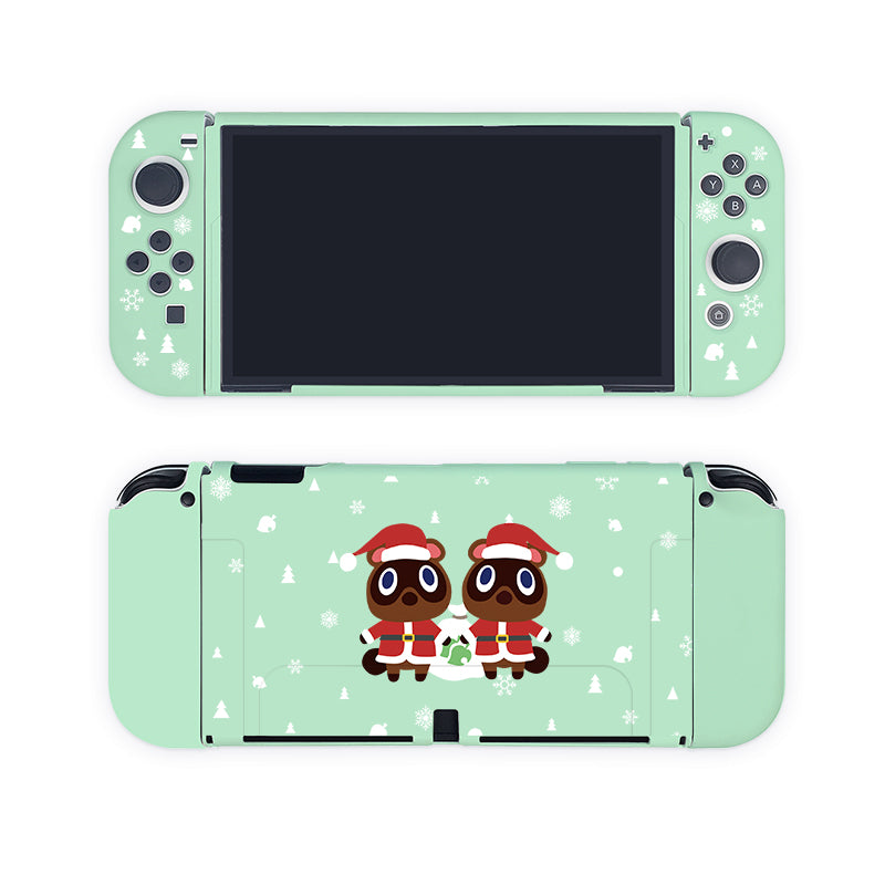 The Timmy & Tommy Christmas Case for Nintendo Switch by petimint sports a festive mint green design featuring two cartoon raccoons in Santa hats, snowflakes, and small trees. Perfect for the cozy gamer, this case brings holiday cheer even when the screen is blank.