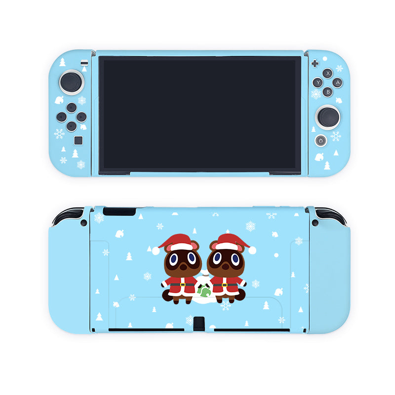 Introducing the Timmy & Tommy Christmas Case for Nintendo Switch by petimint—a festive light blue case adorned with holiday-themed decorations. The front showcases a display surrounded by charming blue snowflakes, while the back features Timmy and Tommy in Santa costumes, standing in a snowy landscape complete with more snowflakes and Christmas trees. This case adds the perfect festive touch for any gamer!