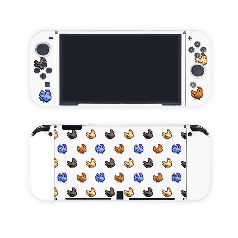 **White handheld gaming console case with a custom shell featuring pixel art of various colored chickens from Stardew Valley. Perfect for any gamer, the front shows the screen with chicken decals by the controls, while the back displays a repeating chicken pattern. Ideal for your Nintendo Switch experience.**