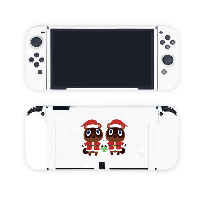 The Timmy & Tommy Christmas Case for Nintendo Switch by petimint features a white design with a holiday theme. It showcases two cartoon characters dressed in red and green Christmas apparel, wearing Santa hats, and holding a green item together. The festive characters are displayed on the back of the case, making it perfect for any gamer looking to add some holiday cheer to their console.