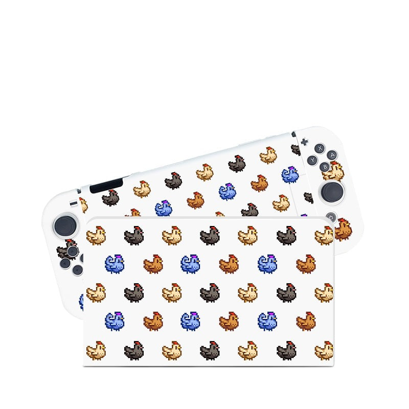 A cozygamer's delight, the Chicken Stardew Valley Case for Nintendo Switch by petimint features charming pixel art graphics with colorful chickens adorning both the front and back panels. Designed to enhance your gaming experience, this white case supports all the immersive controls—including a D-pad, joysticks, and buttons—evoking the nostalgic joy reminiscent of classic gaming systems like the Nintendo Switch.
