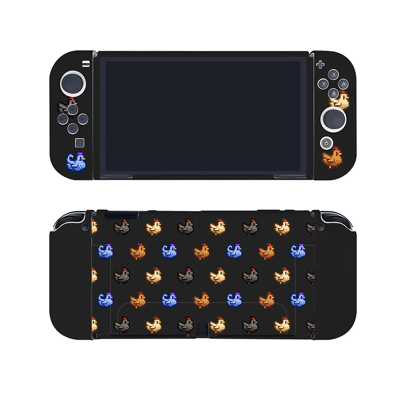 A Chicken Stardew Valley Case for the Nintendo Switch by petimint, boasting retro-style pixel art designs of small creatures in various colors. The black case features an array of control button cutouts and a screen section on the front, reminiscent of the Nintendo Switch itself, while the back showcases a patterned design of the pixel art creatures—a perfect fit for any gamer.