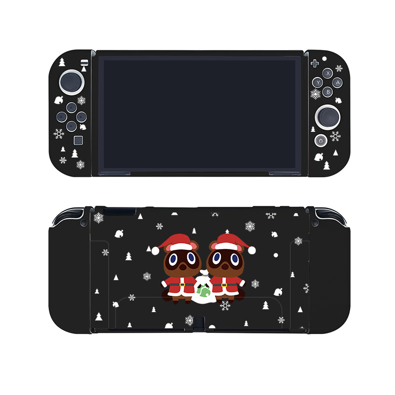 The Timmy & Tommy Christmas Case for Nintendo Switch by petimint is the perfect festive apparel for your console. This black case features holiday-themed decorations with snowflakes scattered around the edges and showcases two characters dressed in Santa outfits, holding a green bag on the back.