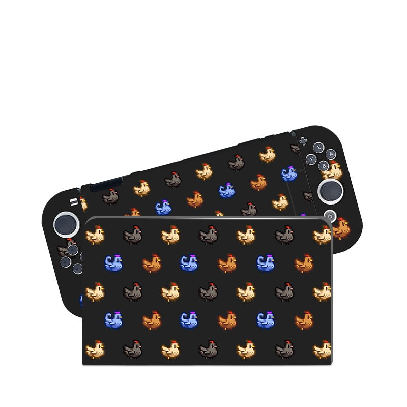 The Chicken Stardew Valley Case for Nintendo Switch, by petimint, is a handheld gaming console cover in black, featuring an eye-catching repetitive pixel art pattern of chickens in colors such as black, brown, orange, and blue. Ideal for any cozygamer, this case accommodates dual thumbsticks, various buttons, and a directional pad.
