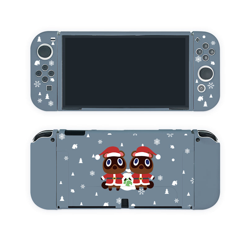 Introducing the Timmy & Tommy Christmas Case by petimint for your Nintendo Switch—a delightful handheld gaming console case with matching controllers, all wrapped in a winter-themed design. This festive case features adorable characters dressed in festive attire, surrounded by snowflakes and charming little trees. The controllers complement the look with their own matching snowflake patterns—perfect for the cozy gamer.
