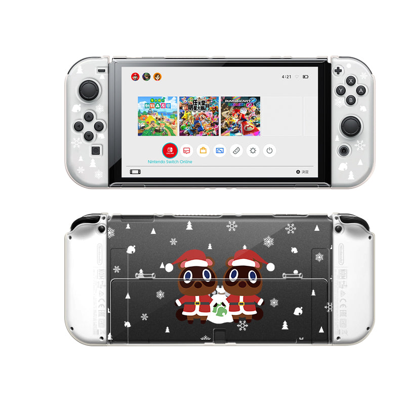 A Nintendo Switch console equipped with the petimint Timmy & Tommy Christmas Case is shown. The front displays the game selection screen, while the back showcases a festive design featuring two brown characters in Santa outfits against a black background adorned with white snowflakes—perfect for any cozygamer wanting to elevate their holiday gaming experience.