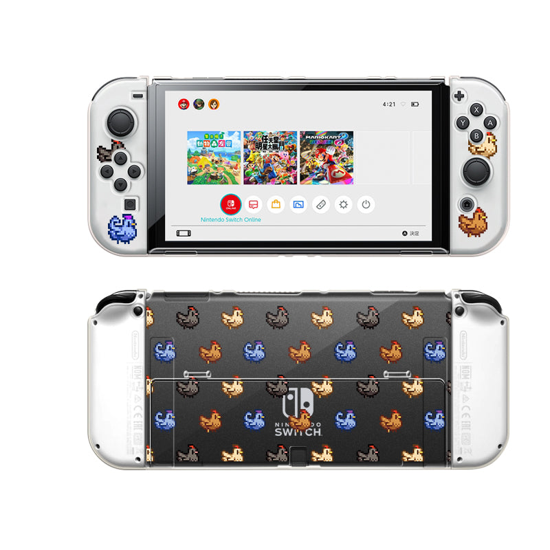 A Nintendo Switch console with white Joy-Con controllers, featuring a clear Chicken Stardew Valley case by petimint. The front screen displays the home menu, highlighting various game icons, while the back of the console is adorned with small, colorful chicken-themed decals in a pattern—a perfect setup for any dedicated gamer.