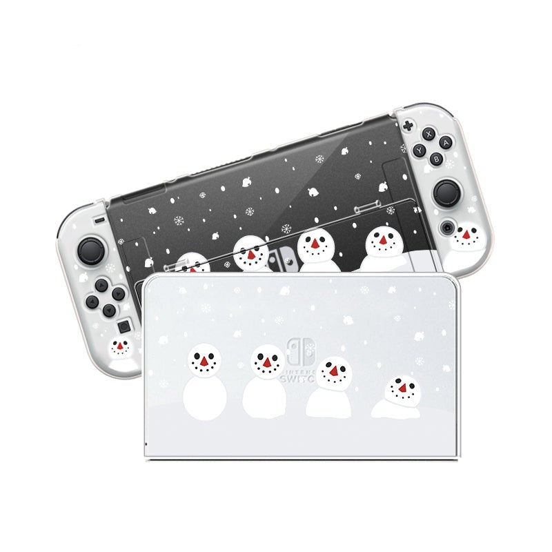 Introducing the Snowboy Animal Crossing Case for Nintendo Switch by petimint. This case comes with detachable controllers, both adorned with a festive snowman design. The controllers are light grey, and the case itself has a slightly darker background. Cheery, simplistic snowmen and snowflakes decorate both pieces, making it perfect for any cozy gamer looking to embrace the holiday spirit.