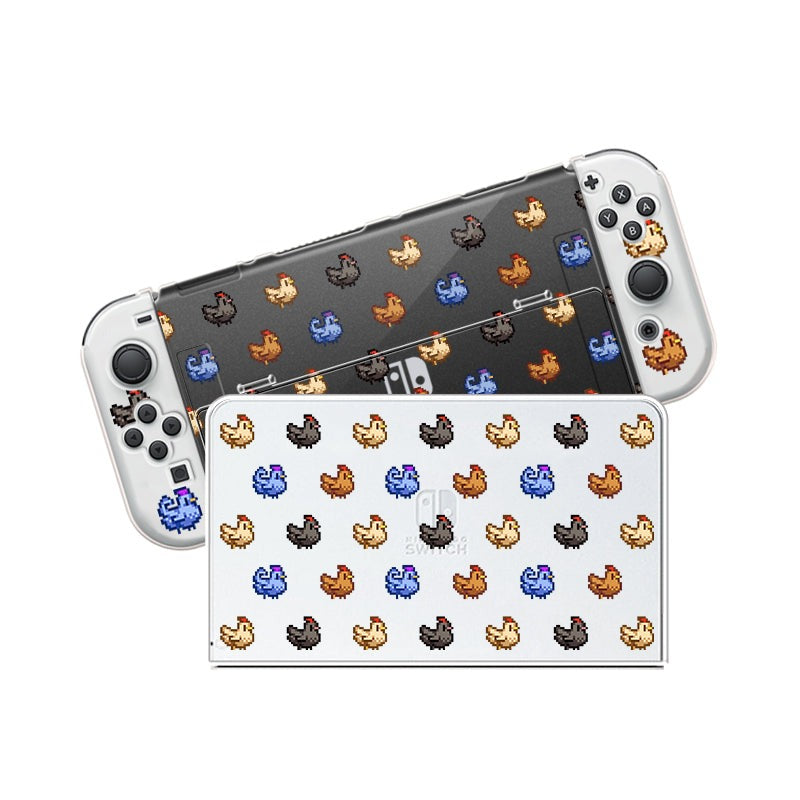 The Chicken Stardew Valley Case for Nintendo Switch by petimint showcases a charming design with pixelated, multicolored chicken graphics. Ideal for the cozygamer, both the screen cover and back of the console case feature this delightful chicken pattern, arranged neatly in rows. The case also includes white and black detachable controllers that complement the playful theme.