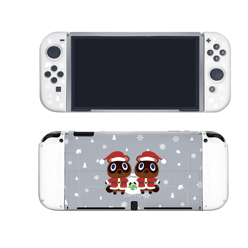 A semi-clear handheld gaming console case for the Nintendo Switch, branded petimint, is shown. The back of the Timmy & Tommy Christmas Case features an image of two characters dressed in festive holiday apparel with snowflakes in the background, making it perfect for any gamer during the holiday season.