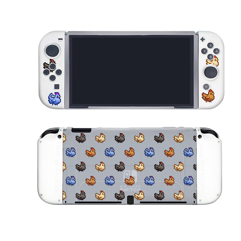 A Nintendo Switch console with white Joy-Cons, adorned with an adorable Chicken Stardew Valley case by petimint. One Joy-Con showcases a blue pixel art cat while the other features a brown pixel art cat. The semi-clear back cover displays a delightful repeating pattern of various colored pixel art cats, making it perfect for any cozygamer looking to add some charm to their gaming setup.