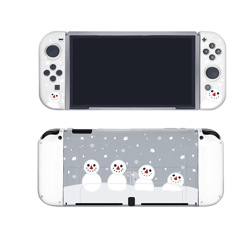 The Snowboy Animal Crossing Case for Nintendo Switch by petimint features white controllers. The front screen is turned off, and the back displays a gray and white winter-themed design with four adorable snowmen and falling snowflakes. The top snowman is adorned with a Santa hat and scarf, making it a perfect addition to any cozygamer's collection. This semi-clear case combines both charm and protection for your console.