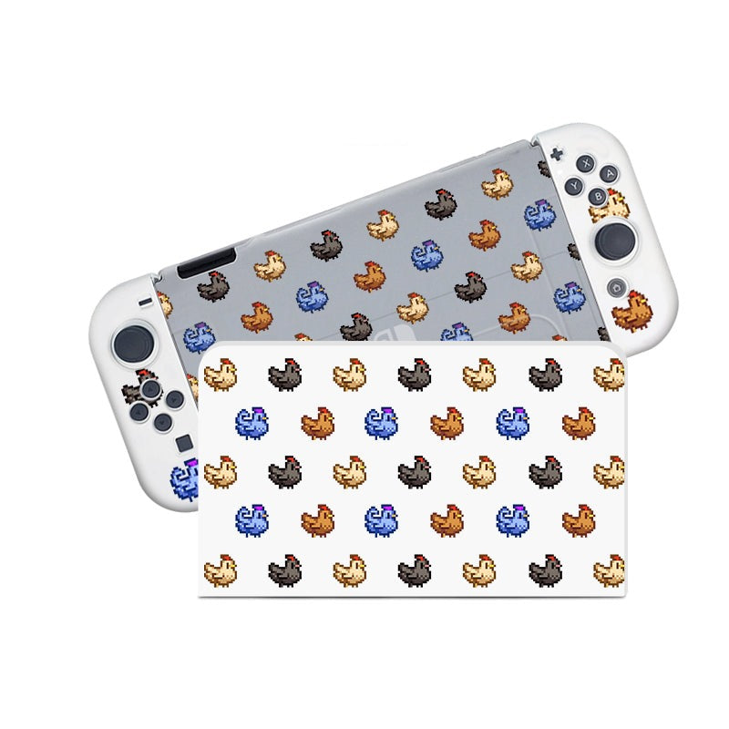 Introducing the Chicken Stardew Valley Case for Nintendo Switch by petimint: a handheld gaming console cover featuring white controllers and a transparent case adorned with pixel art patterns of multicolored ducks. The design showcases brown, yellow, blue, and black ducks evenly spaced across the cover—perfect for any gamer looking to express their unique style.