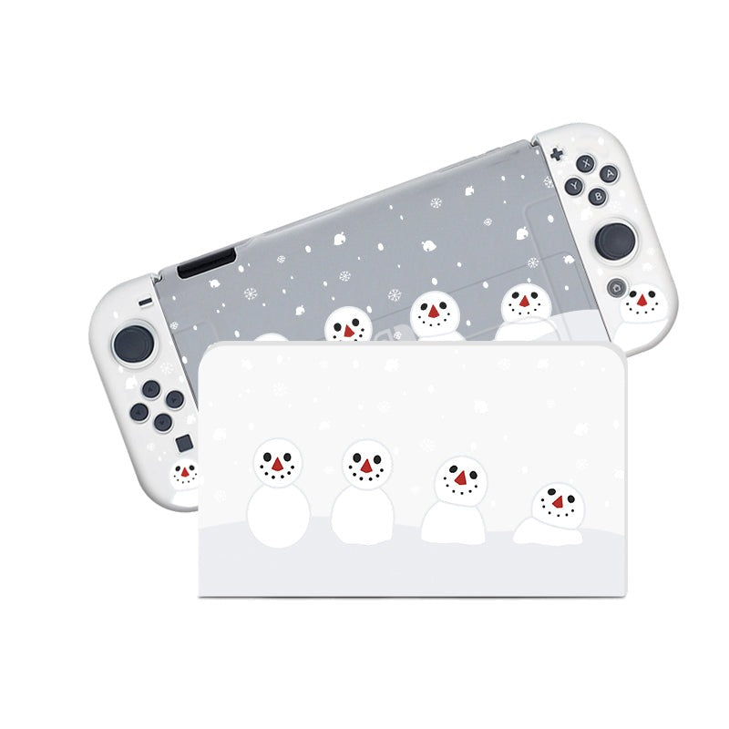 The Snowboy Animal Crossing Case for Nintendo Switch by petimint is a white and gray handheld gaming console case featuring a delightful winter-themed design. The case is adorned with a pattern of smiling snowmen and falling snowflakes, creating a festive and playful appearance that is perfect for any cozygamer seeking joyful seasonal vibes.