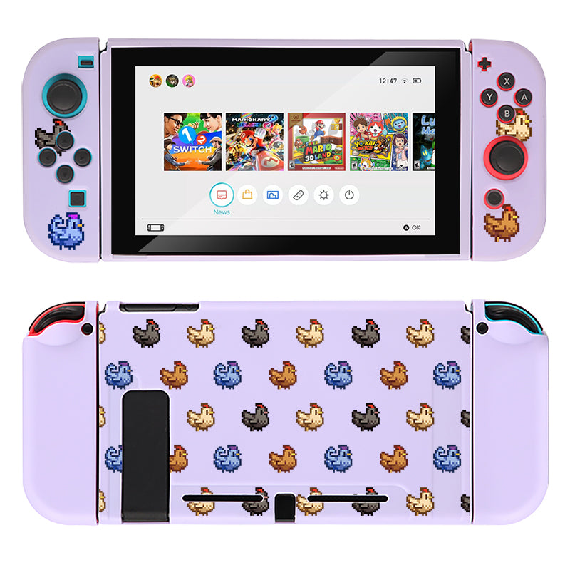 A Nintendo Switch console adorned with the "Chicken Stardew Valley Case" by petimint, featuring unique lilac Joy-Cons and a back cover showcasing vibrant pixelated chicken designs. The screen displays a game selection menu with various game icons, perfect for any cozygamer. The console's buttons are accented with blue and pink highlights.