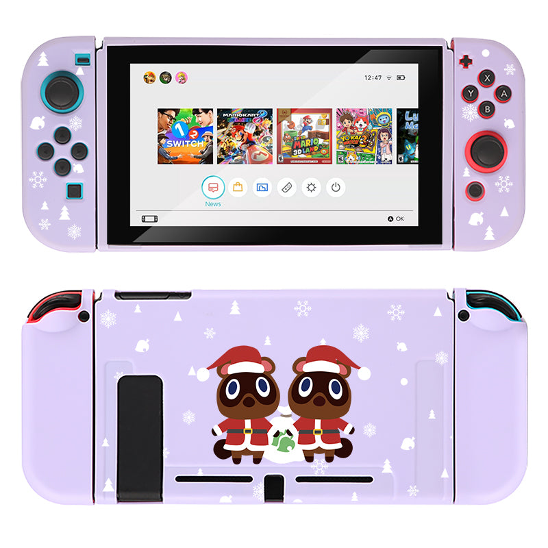 Introducing the Timmy & Tommy Christmas Case for Nintendo Switch by petimint – a delightful purple case adorned with festive holiday designs, perfect for any cozy gamer. The front screen displays various game icons, while the controllers are embellished with charming snowflake patterns. The back of the case features a heartwarming image of two cartoon raccoons in Santa outfits holding a wreath, making it an ideal holiday accessory reminiscent of the Nintendo Switch.