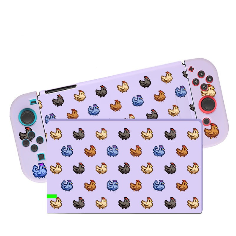 Introducing the Chicken Stardew Valley Case for Nintendo Switch by petimint, perfect for the avid gamer. This lilac skin, adorned with pixel art of colorful chick-like creatures, covers the main console and both detachable controllers. The face buttons feature a sleek black and red color scheme, making your Nintendo Switch uniquely stylish.