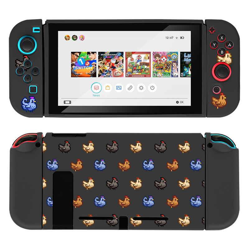 A handheld Nintendo Switch with a screen displaying several game icons, fitted with the Chicken Stardew Valley Case by petimint. The black switch grip case features controllers on each side, adorned with pixel art of multicolored chickens on both the front and back. The time displayed on the screen is 12:47.