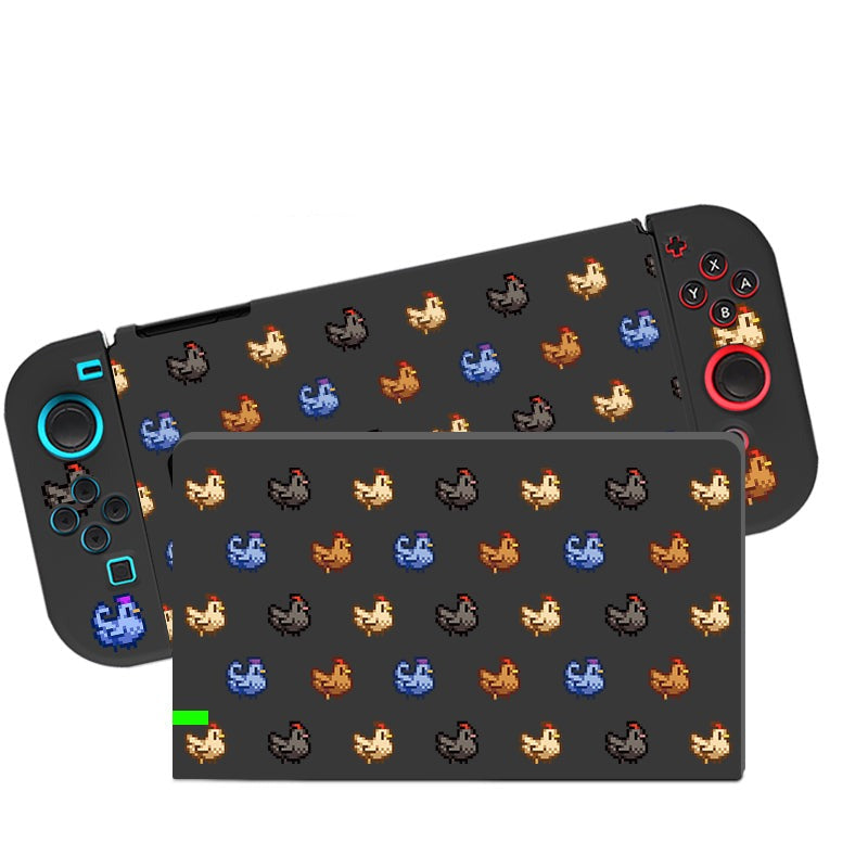 The Chicken Stardew Valley Case for Nintendo Switch by petimint features an 8-bit pixel art design with colorful pixelated chickens in red, brown, blue, yellow, and white against a black background. This portable gaming console accessory is compatible with a switch grip case for added comfort during extended gaming sessions.