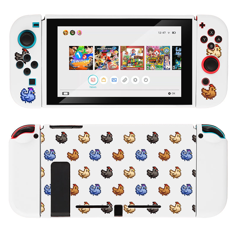 A white petimint Chicken Stardew Valley Case for Nintendo Switch console with custom Joy-Con controllers and a back cover decorated with pixelated rooster designs. The screen displays the home menu with various game icons. The buttons are colored for emphasis: red, blue, and turquoise. A dockable case provides added protection.