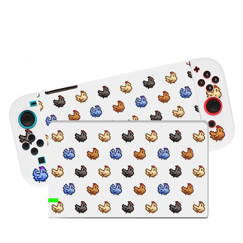 This is a white Chicken Stardew Valley Case for the Nintendo Switch from petimint, featuring a patterned design of various pixelated chickens in different colors, including yellow, brown, blue, and black. The console protection case includes buttons and joysticks on both sides and comes with a dockable feature for added protection.