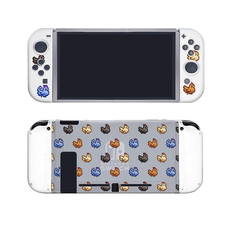 A Nintendo Switch console with a white Joy-Con controller on either side is encased in a soft TPU switch grip case for added protection. The back of the case, the "Chicken Stardew Valley Case for Nintendo Switch" by petimint, features a pattern with various colored pixel art chickens, imparting a retro gaming aesthetic. The front screen is off, displaying a black screen through the semi-clear material.