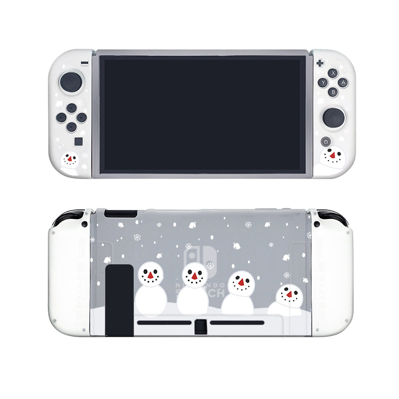 The Snowboy Animal Crossing Case for Nintendo Switch by petimint is a semi-clear, handheld gaming console case with Joy-Con controller slots and a screen-friendly design. It boasts a cozygamer winter-themed aesthetic featuring three cute snowmen, snowflakes, and a snow-covered ground on both the front and back of the case.