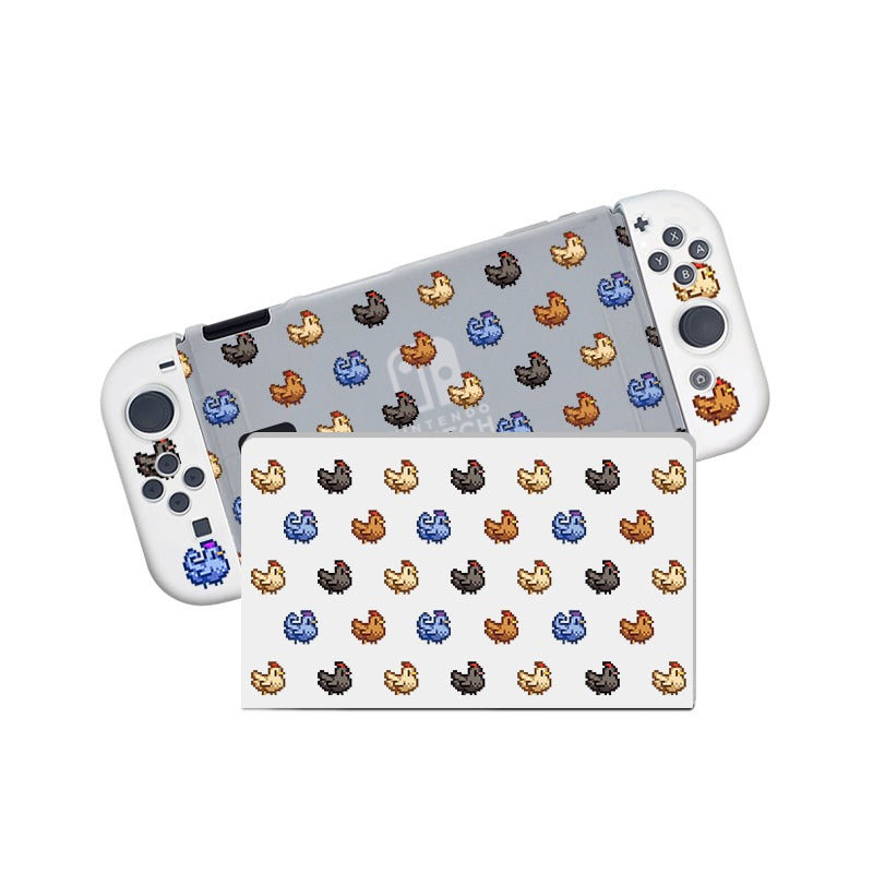 The semi-clear Chicken Stardew Valley Case for Nintendo Switch by petimint features a charming pixel art pattern of small animals in various colors, including brown, black, grey, blue, and beige. These cute animals are arranged in a repeating pattern across the case and its dockable design.