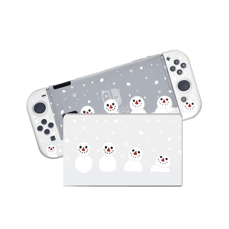The petimint Snowboy Animal Crossing Case for the Nintendo Switch is a semi-clear handheld gaming console skin decorated with adorable snowman-themed designs. The central unit showcases smiling snowmen and falling snowflakes, making it perfect for any gamer. Additionally, the docking station features several smiling snowmen in a row, adding to its delightful charm.