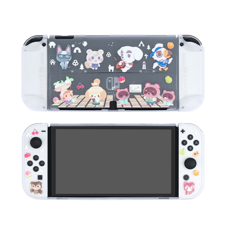 The Chibi Animal Crossing Case for Nintendo Switch by petimint is displayed. This dockable, handheld console case boasts a design inspired by Animal Crossing, with vibrant characters and game icons on its soft TPU material. The screen remains off, while the buttons and sides are adorned with decorative elements.